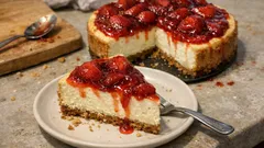 Cheesecake cotta fragole e mascarpone: cremosa al forno, con base croccante di biscotti