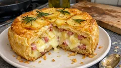 Torta salata di sfoglia con patate, prosciutto e provola: facile e dorata