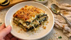 Parmigiana bianca di melanzane al pesto e mozzarella: cremosa, filante e al forno
