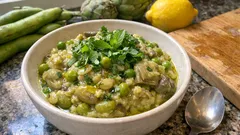 Frittella siciliana di primavera: fave, piselli e carciofi stufati a puntino