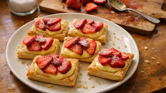 Sfogliatine crema e fragole: il dolcetto veloce che esce croccante e dorato dal forno